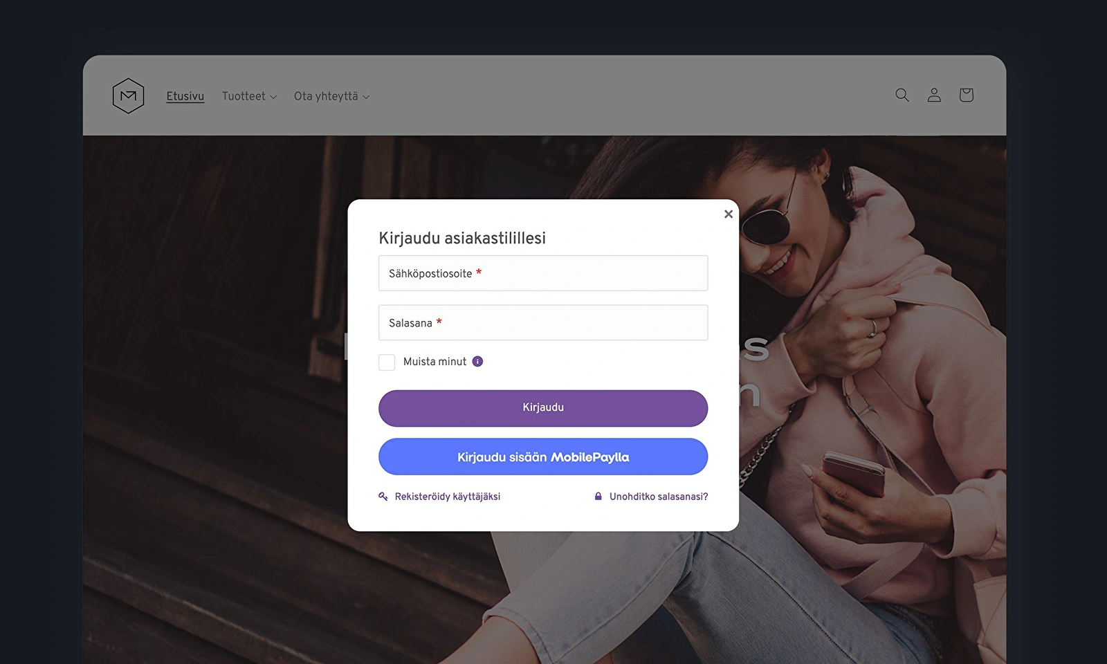 Rehti Storen kirjautumisnäkymä, jossa MobilePayn Login-integraatio on käytössä.