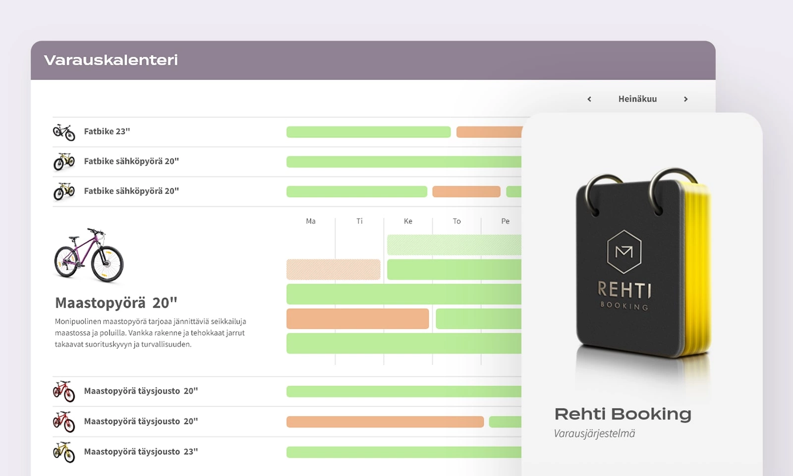 Rehti Booking -varausjärjestelmän tuotekuva ja esimerkki kalenterinäkymästä pyörävuokraamossa.
