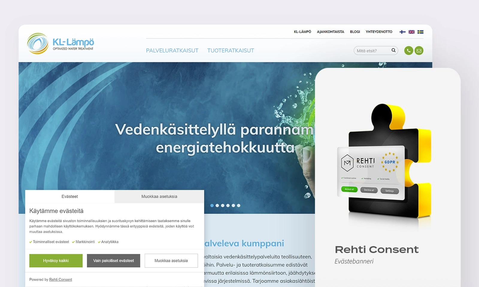 Rehti Consent -evästebannerin tuotekuva ja esimerkki sivustolle integroidusta evästebannerista.