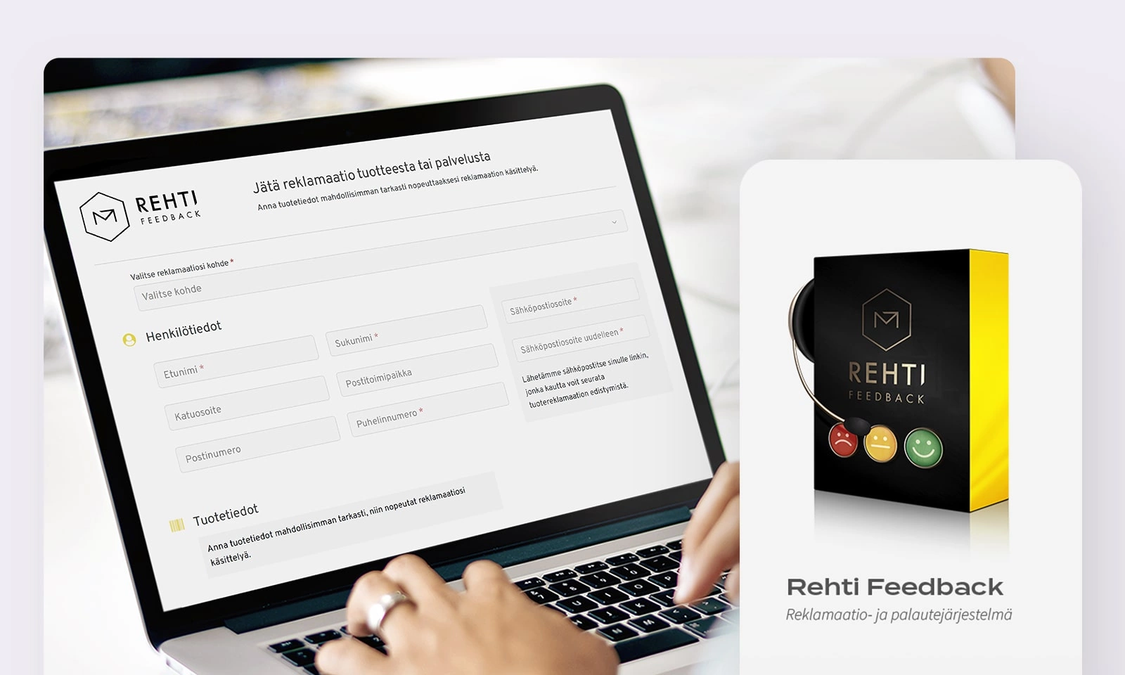 Rehti Feedback -reklamaatio- ja palautejärjestelmän tuotekuva ja palautelomake tietokoneen ruudulla.
