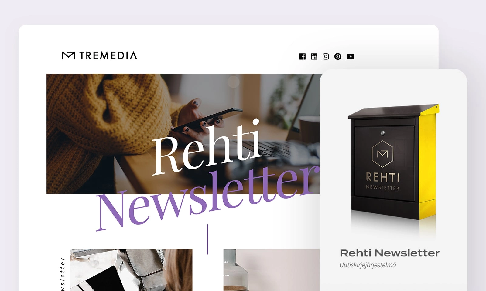 Rehti Newsletter -uutiskirjejärjestelmän tuotekuva ja moderni uutiskirjeen kuvitus sekä otsikko.