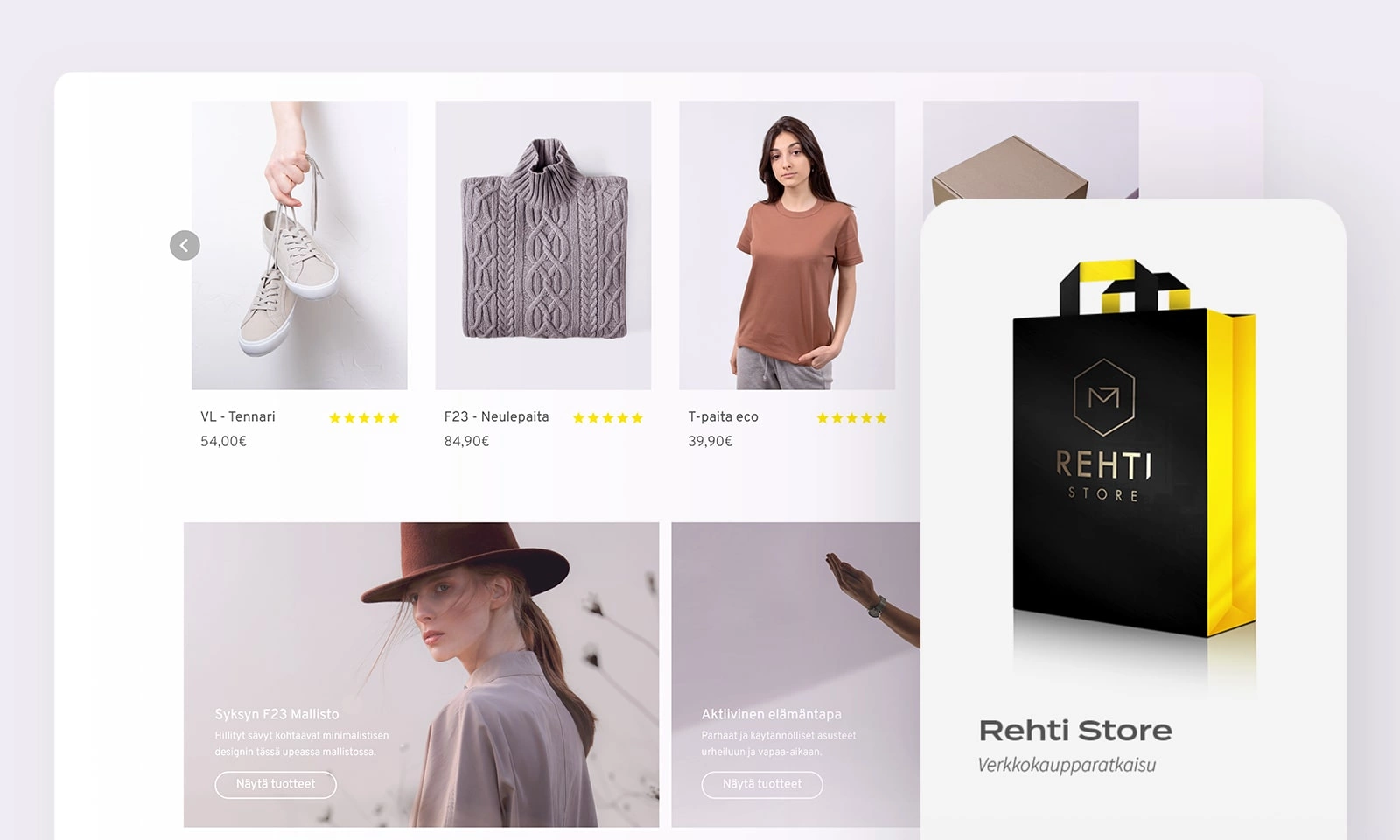 Rehti Store -verkkokaupparatkaisun tuotekuva ja minimalistisen tyylikkään verkkokaupan listanäkymä.
