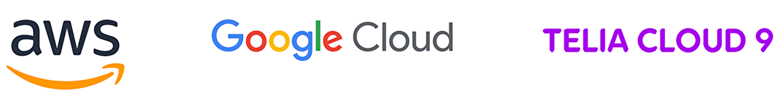 Pilvipalvelujen logot. Amazon Web Services (AWS), Google Cloud Platform (GCP), Telia Cloud 9.