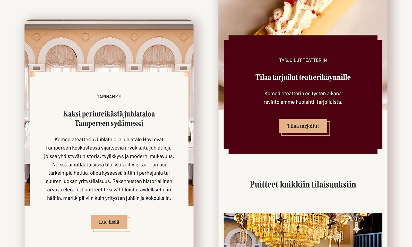 Juhlatalon Palveluiden mobiilinäkymät etusivusta.