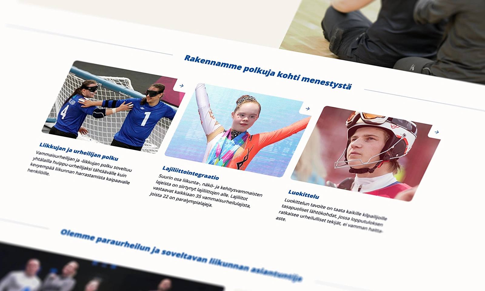 Lähikuva Suomen Paralympiakomitean verkkopalvelun etusivusta.