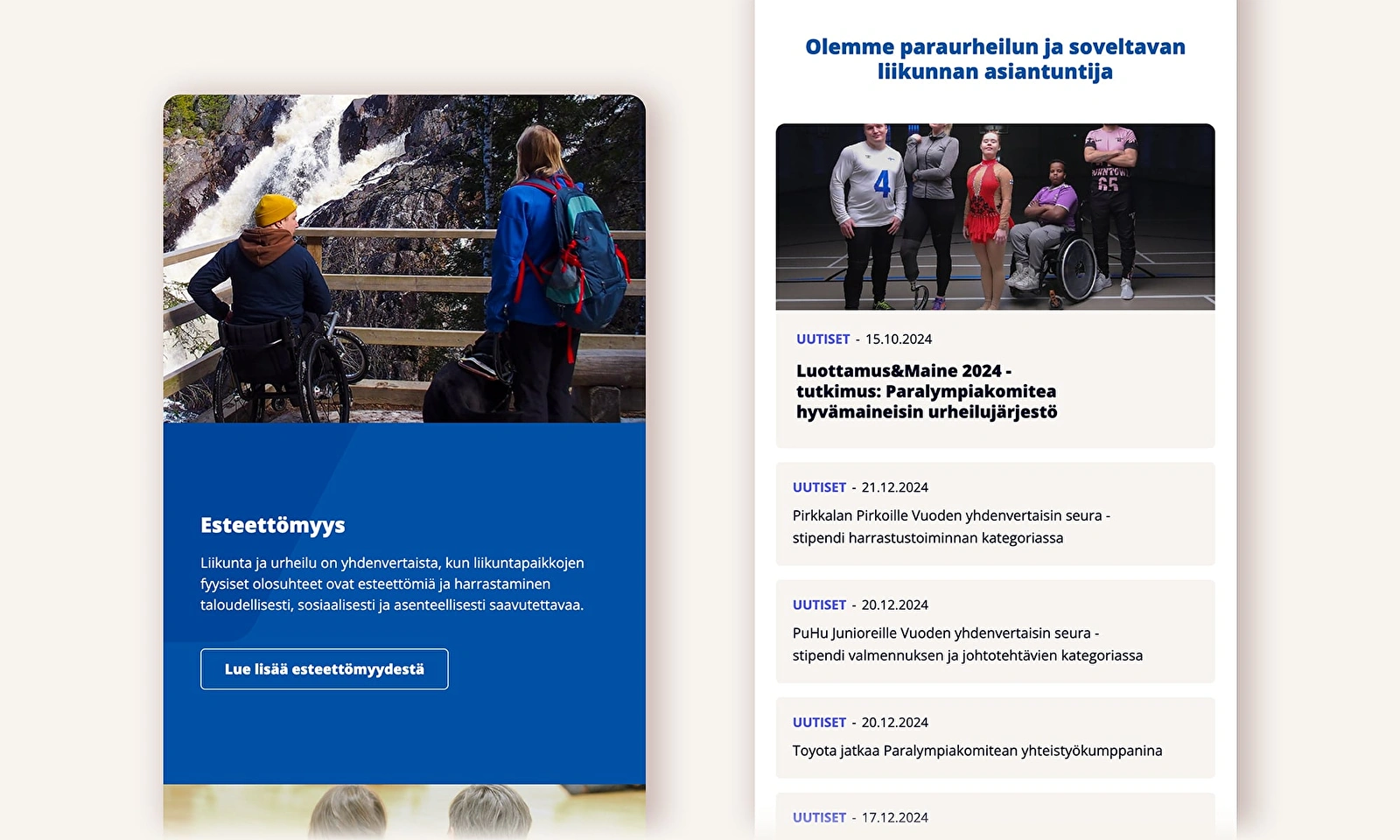 Suomen Paralympiakomitean verkkopalvelun mobiilinäkymät.