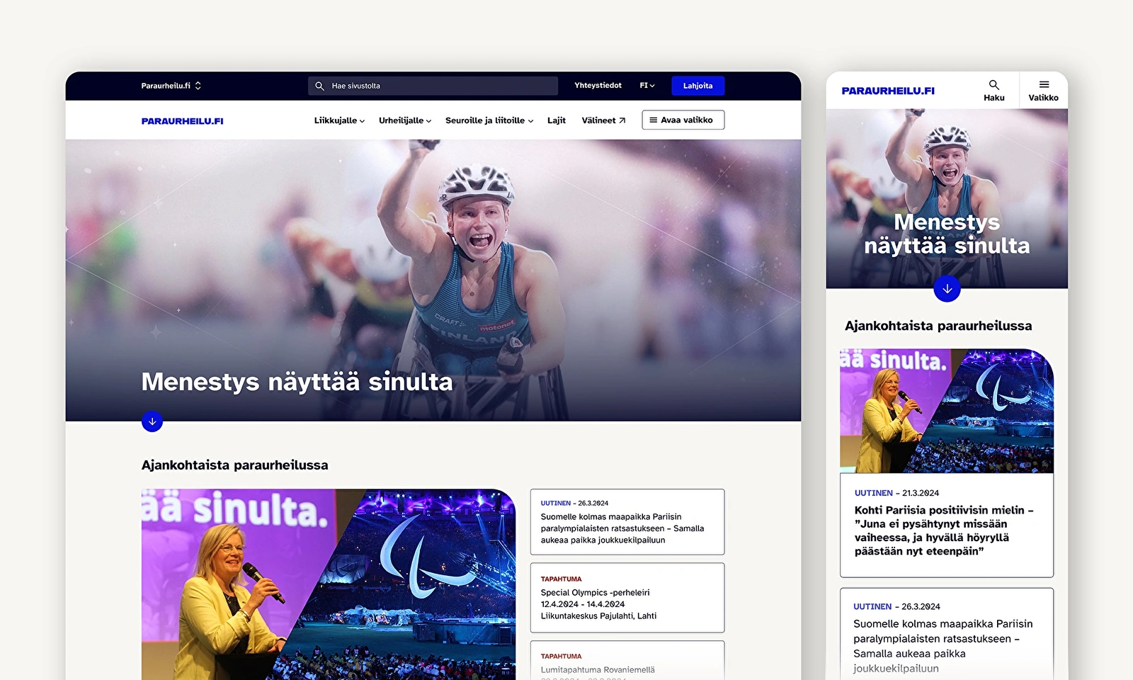 Paraurheilu.fi-verkkopalvelun etusivu.