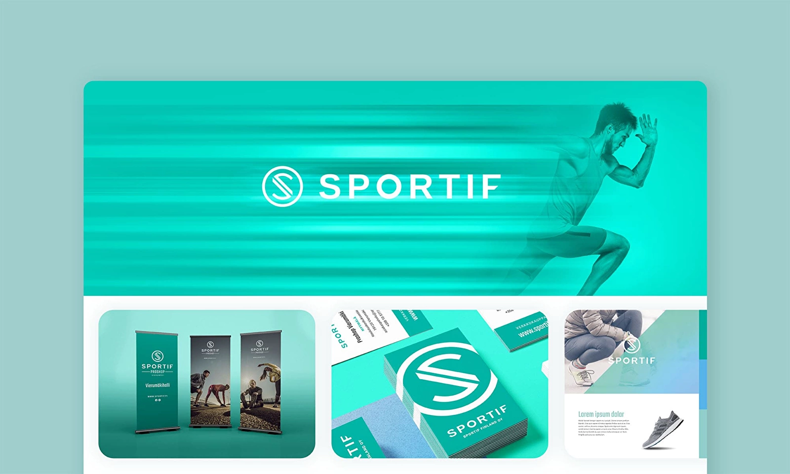 Sportifin yritysilme ja markkinointimateriaaleja, sisältäen muun muassa roll-upit ja käyntikortit.